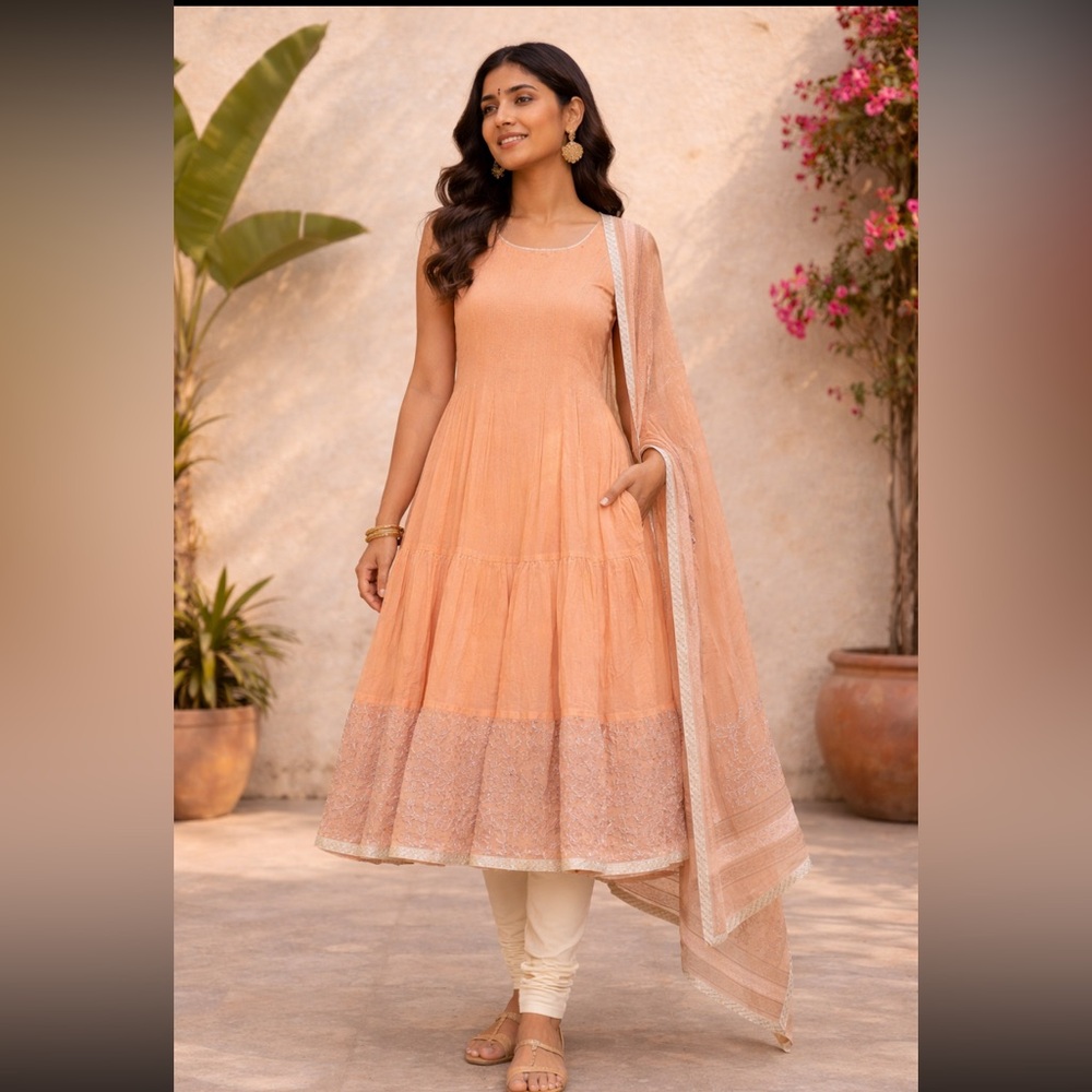 New Designer Indian Pakistani Elegant peach hand block anarkali kurta- dupatta